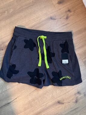 Women's Charcoal Floral Athletic Shorts with Neon Drawcord